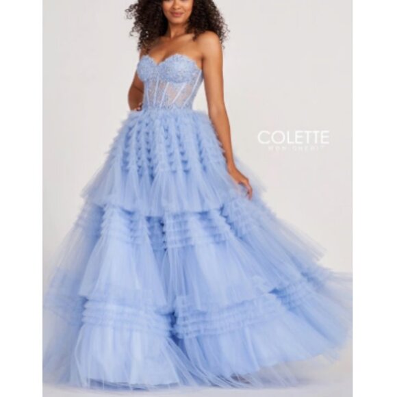 Colette by Mon Cheri Size 6-8 Periwinkle Corset Tulle Ball Gown - Picture 1 of 9